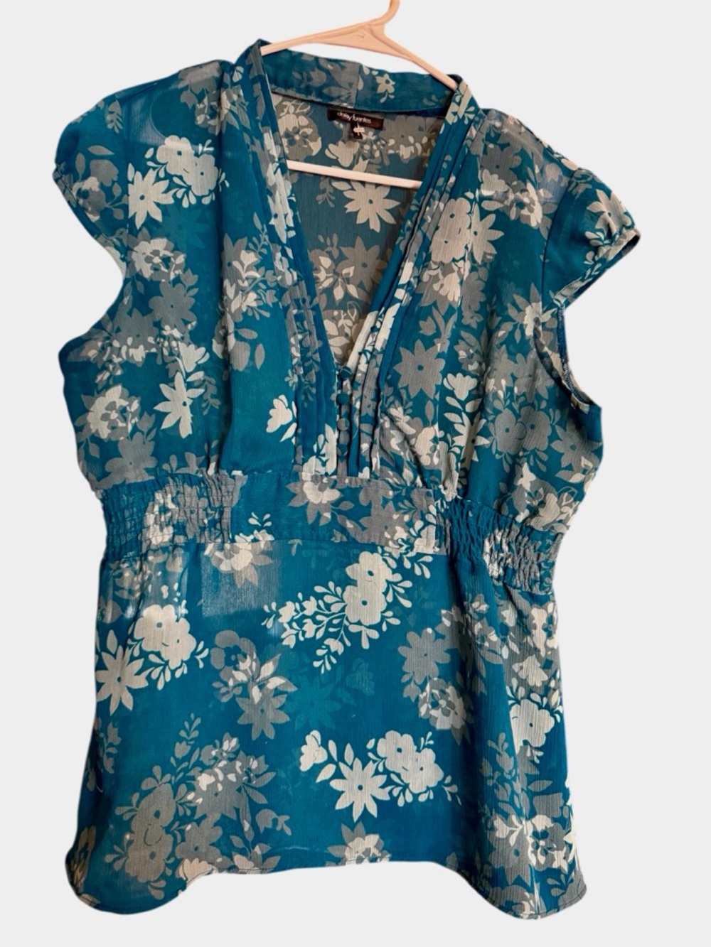 Daisy Fuentes Teal Floral V-Neck Cap-Sleeve Top